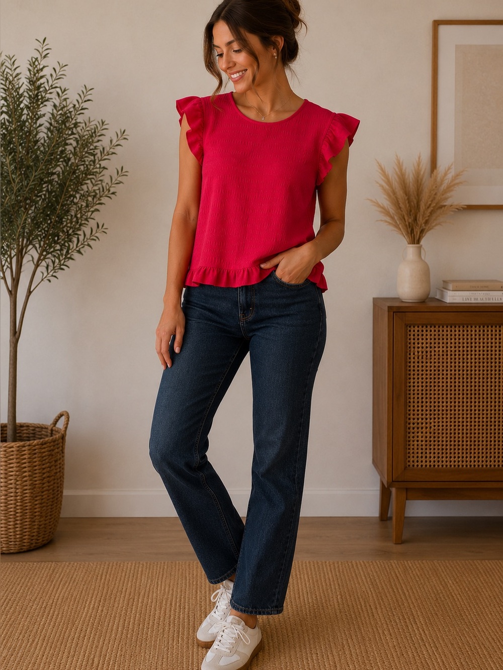 Express Bright pink Ruffle Sleeve Tank L